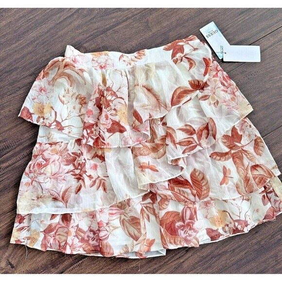 GUESS Women's Mini Skirt Tiered Forest Floral Print Brown White mini Skirt M - Picture 3 of 10